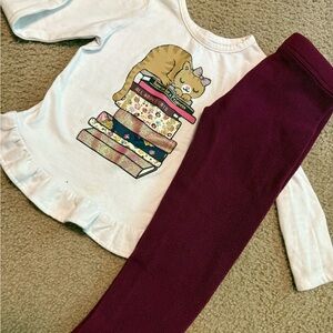 Cat Graphic Top and Burgundy Fleece Leggings Set SZ 3T-4T